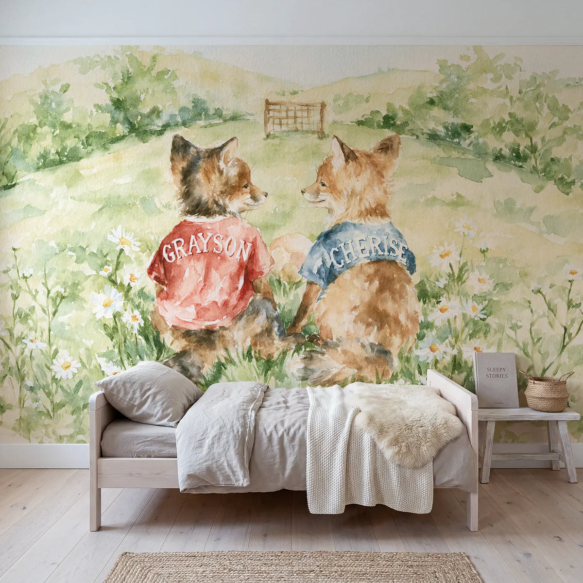 Watercolor two fox cubs personalized wall mural with lettered sibling jersey backs by Whimsy Tots