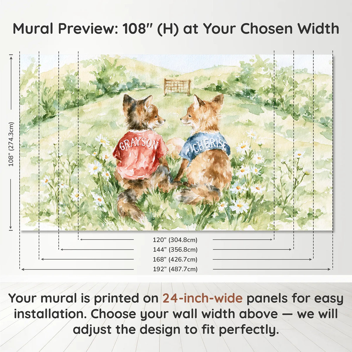Panel layout and dimensions for Soccer Cubs Sibling Jerseys Personalized Wall Mural by Whimsy Tots