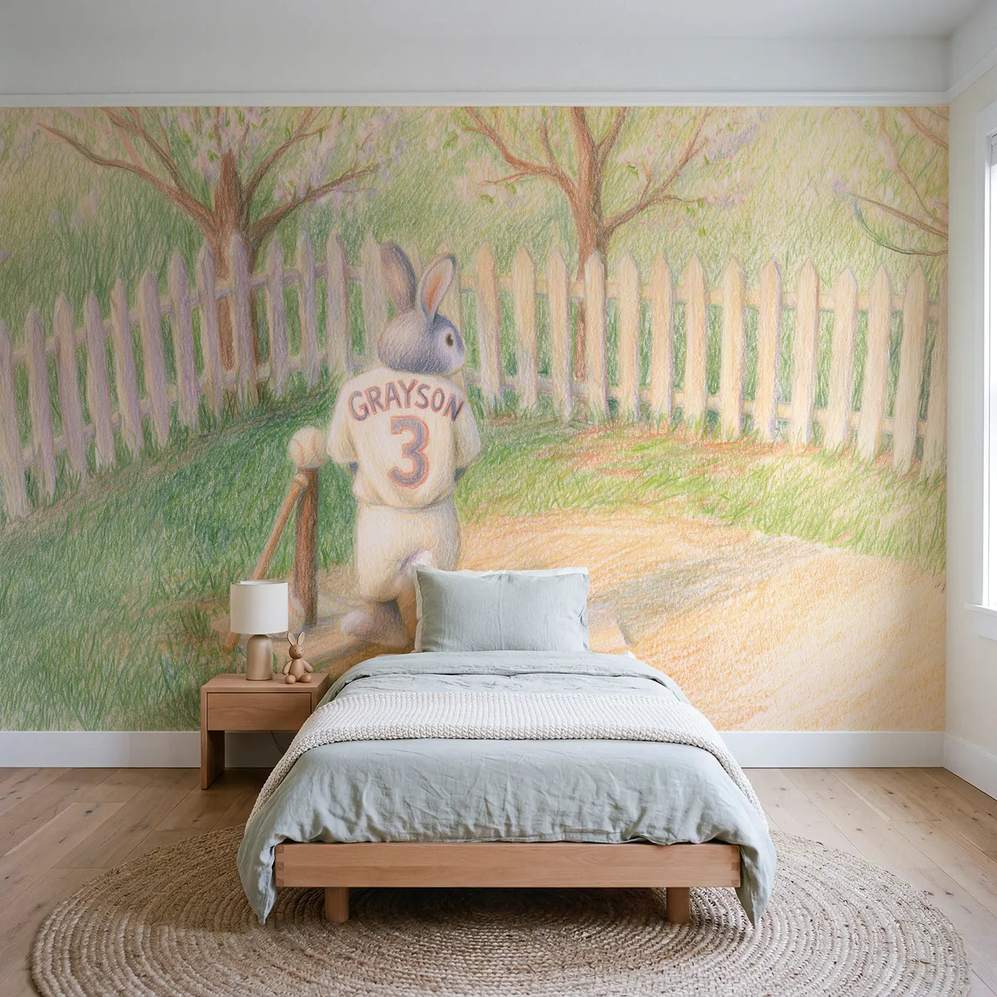 Colored pencil bunny tee ball personalized wall mural with drawn jersey name and number by Whimsy Tots