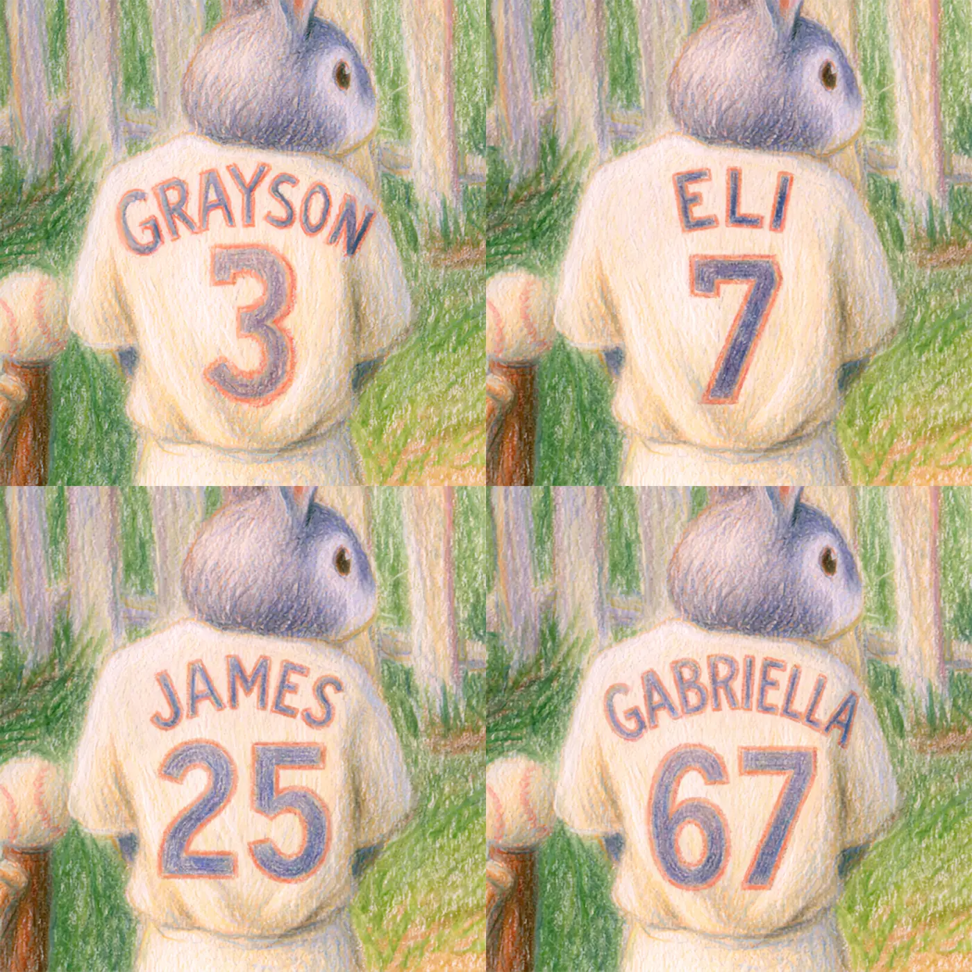 Four name preview examples of Tee Ball Bunny Jersey Personalized Wall Mural by Whimsy Tots