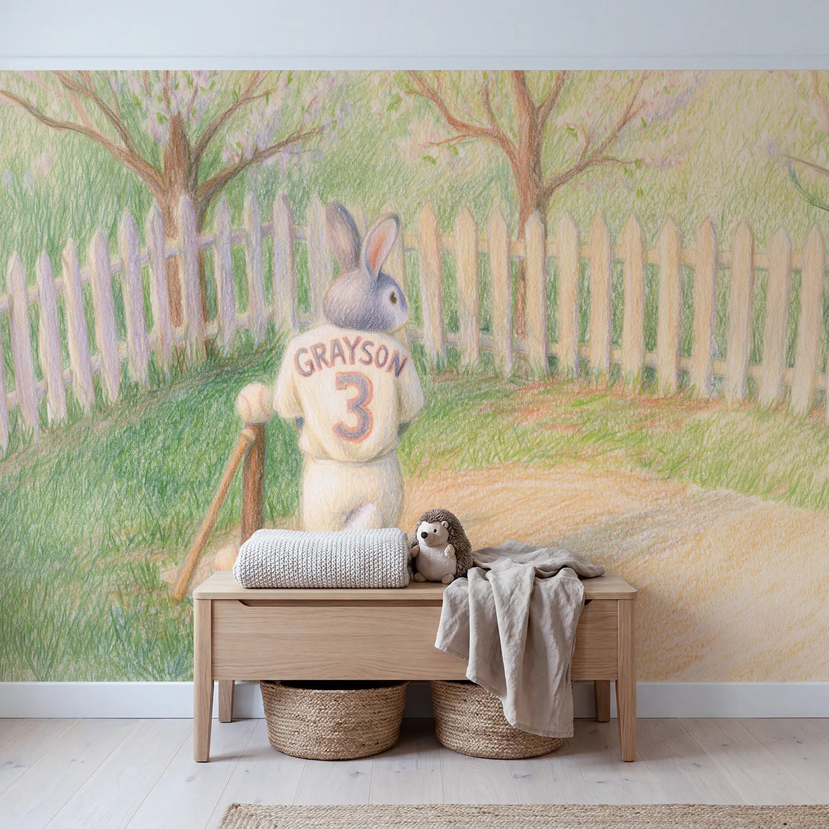 Tee Ball Bunny Jersey Personalized Wall Mural in playroom setting by Whimsy Tots
