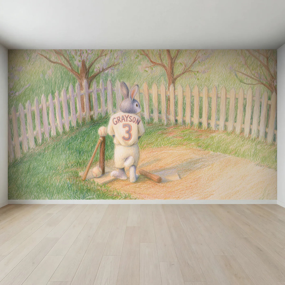 Full view of Tee Ball Bunny Jersey Personalized Wall Mural by Whimsy Tots