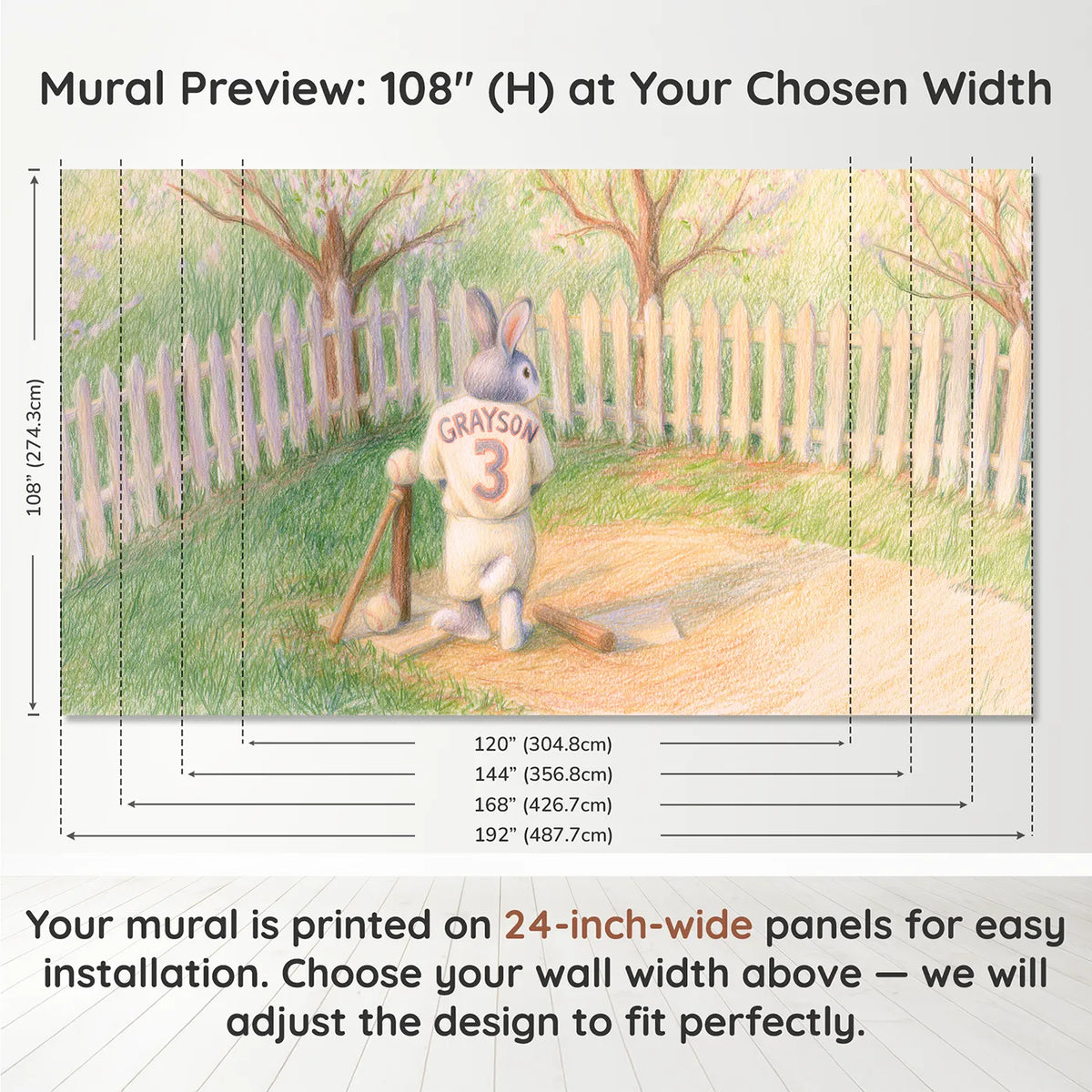 Panel layout and dimensions for Tee Ball Bunny Jersey Personalized Wall Mural by Whimsy Tots
