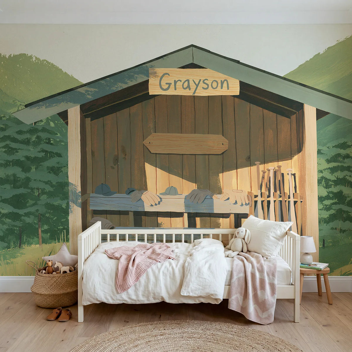Modern illustration baseball dugout personalized wall mural with painted bench plate by Whimsy Tots