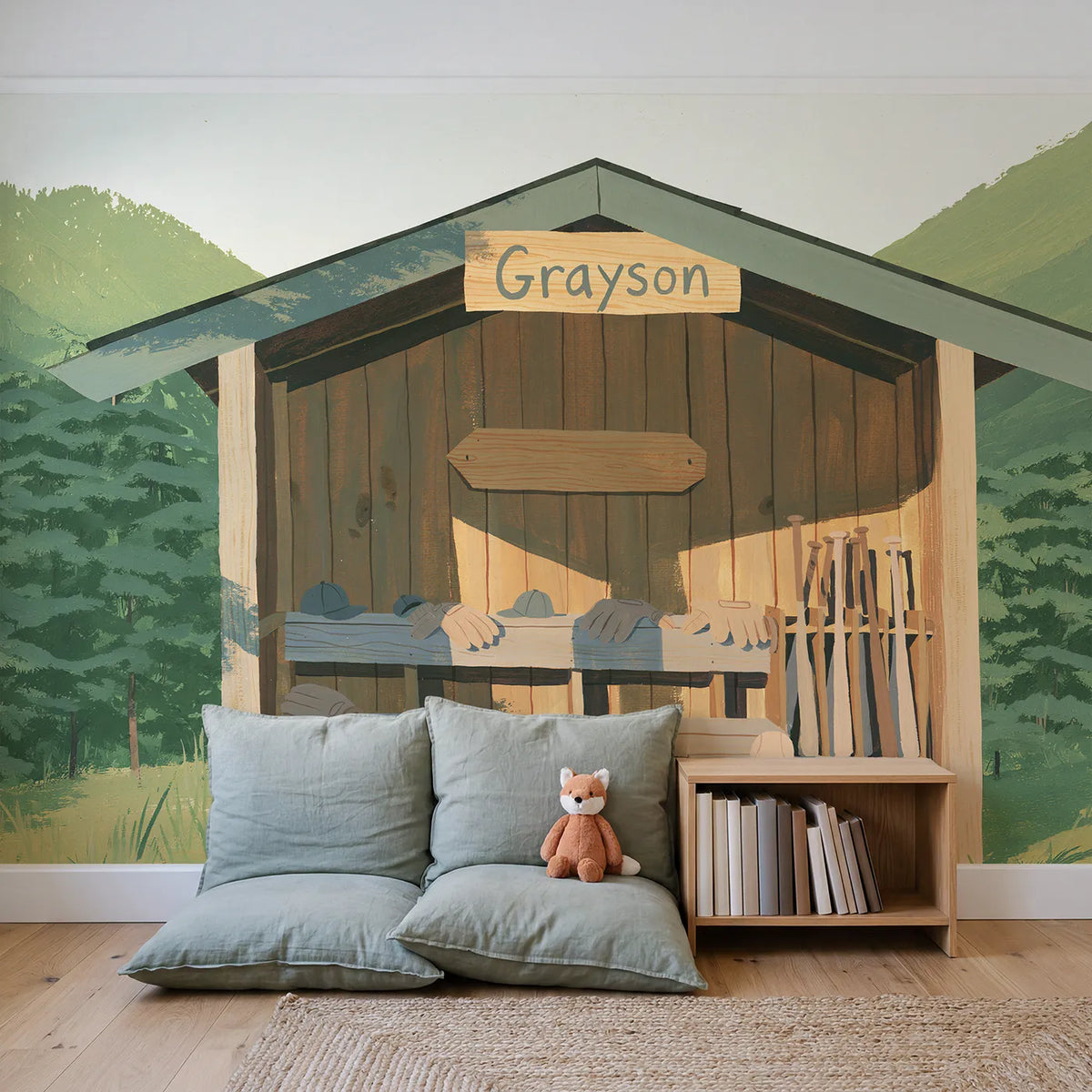 Dugout Nameplate Personalized Wall Mural in playroom setting by Whimsy Tots