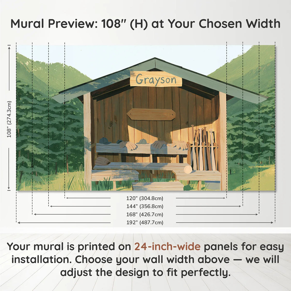 Panel layout and dimensions for Dugout Nameplate Personalized Wall Mural by Whimsy Tots