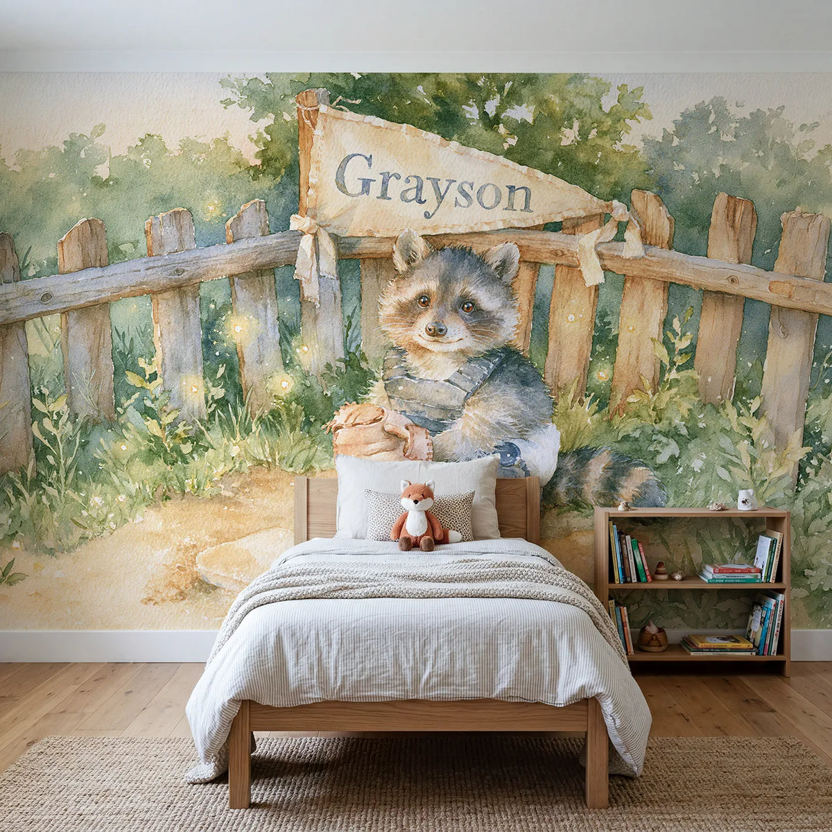 Watercolor raccoon catcher personalized wall mural with brushed backstop pennant by Whimsy Tots