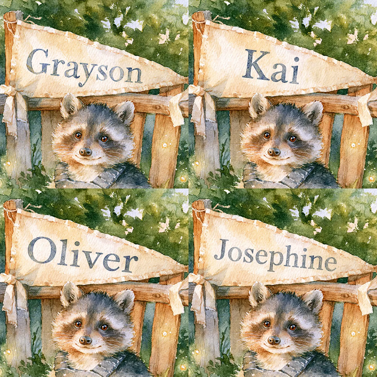 Four name preview examples of Backstop Pennant Raccoon Personalized Wall Mural by Whimsy Tots
