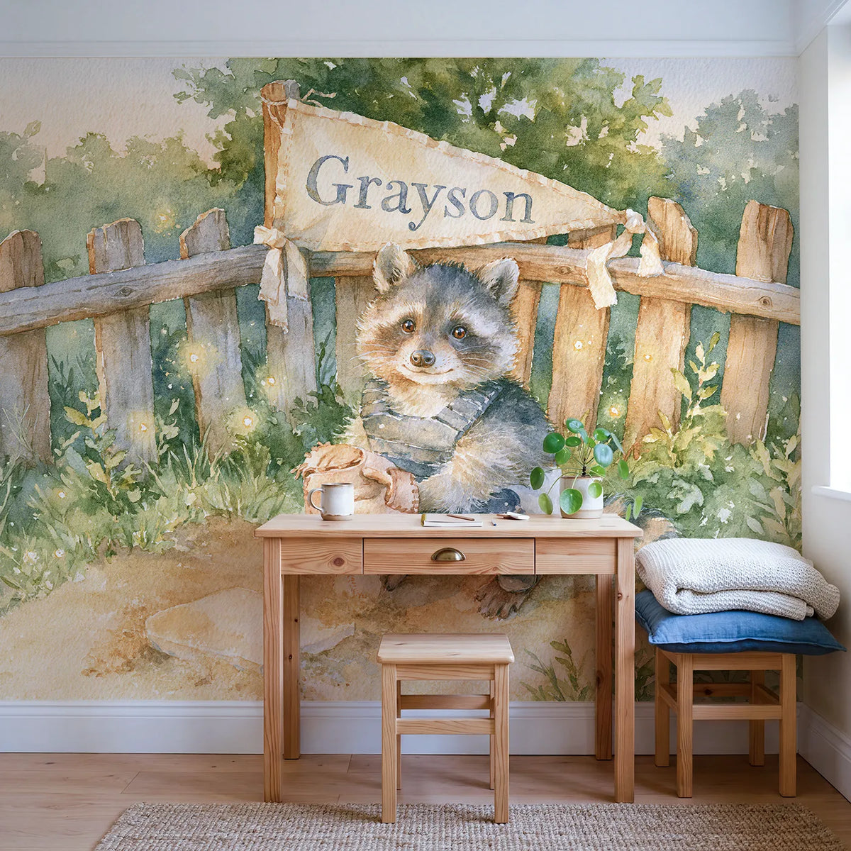 Backstop Pennant Raccoon Personalized Wall Mural in playroom setting by Whimsy Tots