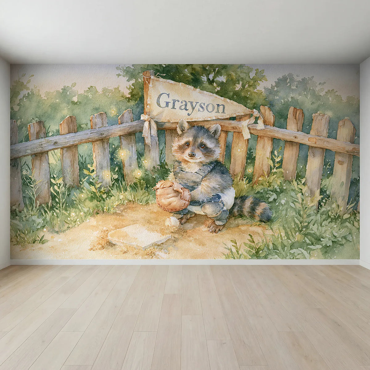 Full view of Backstop Pennant Raccoon Personalized Wall Mural by Whimsy Tots