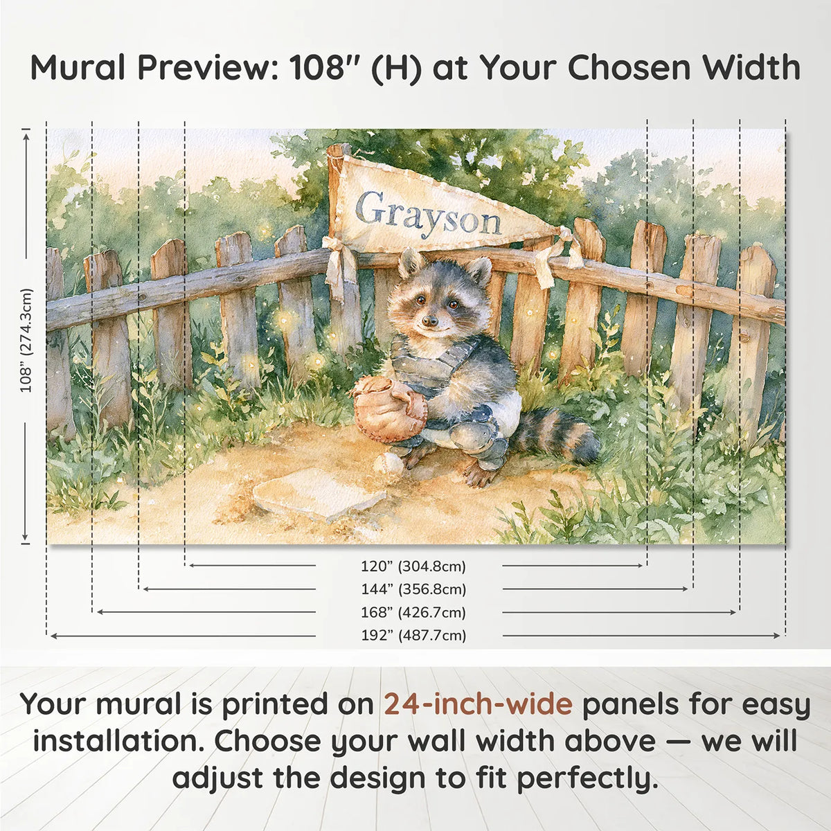 Panel layout and dimensions for Backstop Pennant Raccoon Personalized Wall Mural by Whimsy Tots