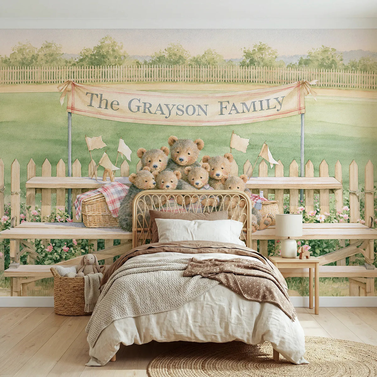 Storybook bear family bleachers personalized wall mural with painted rail banner by Whimsy Tots