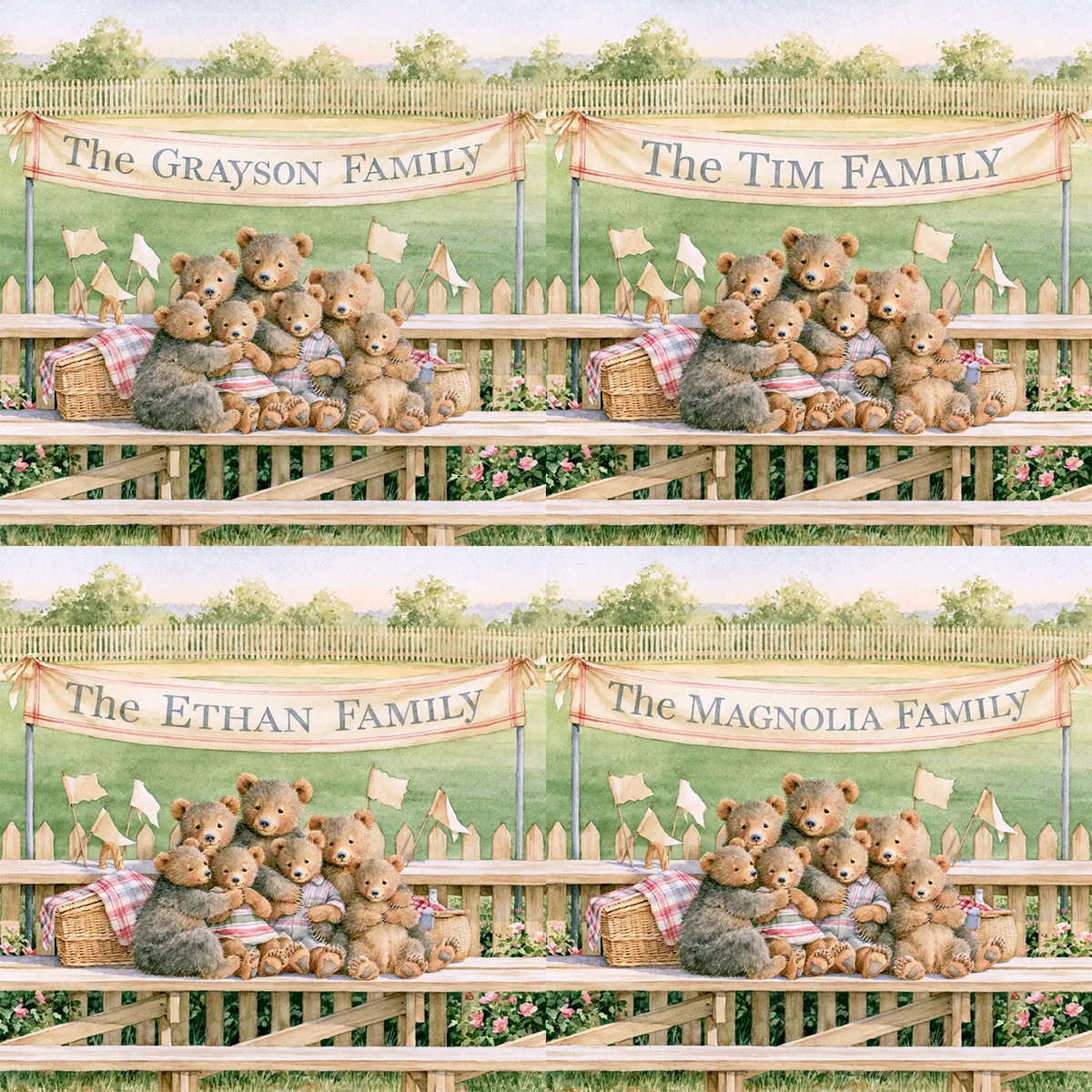 Four name preview examples of Ballpark Bleachers Family Personalized Wall Mural by Whimsy Tots