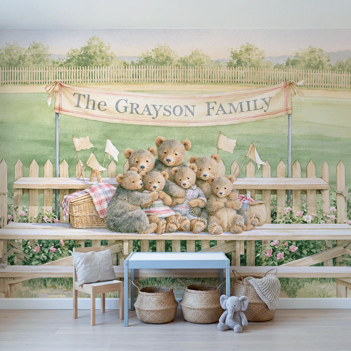 Ballpark Bleachers Family Personalized Wall Mural in playroom setting by Whimsy Tots