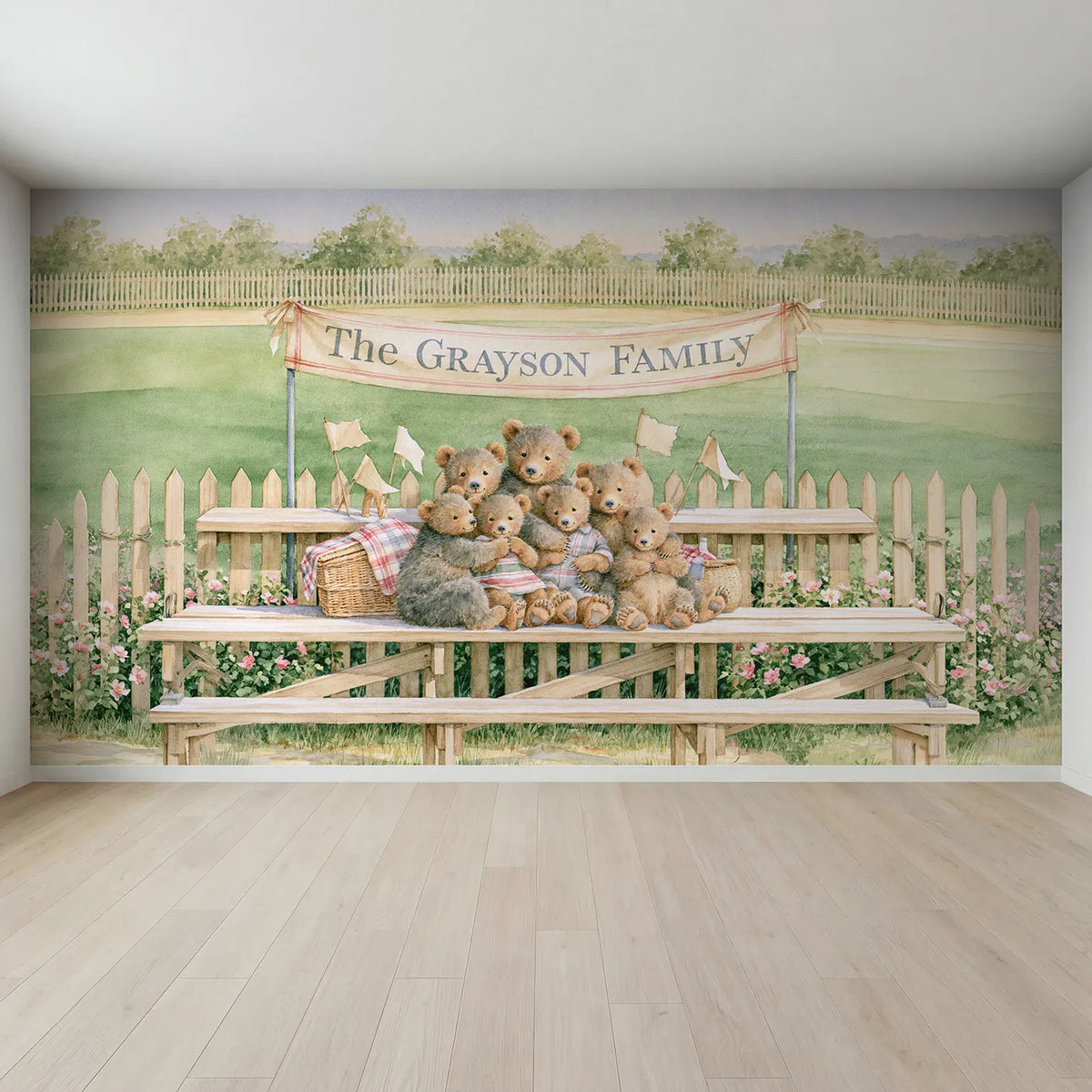 Full view of Ballpark Bleachers Family Personalized Wall Mural by Whimsy Tots