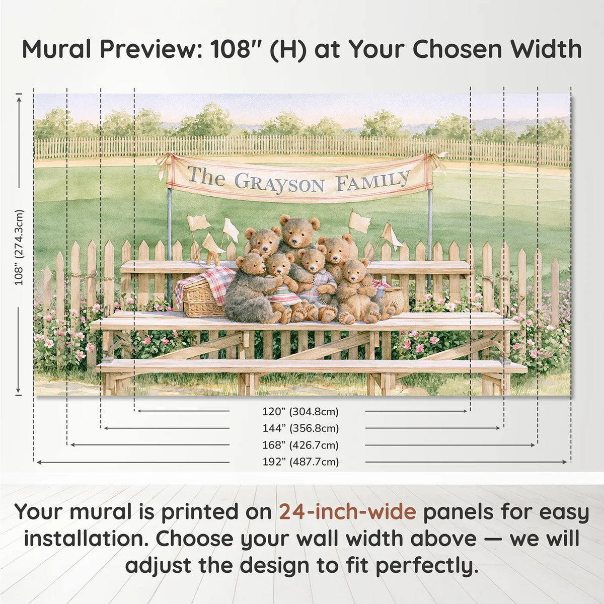 Panel layout and dimensions for Ballpark Bleachers Family Personalized Wall Mural by Whimsy Tots