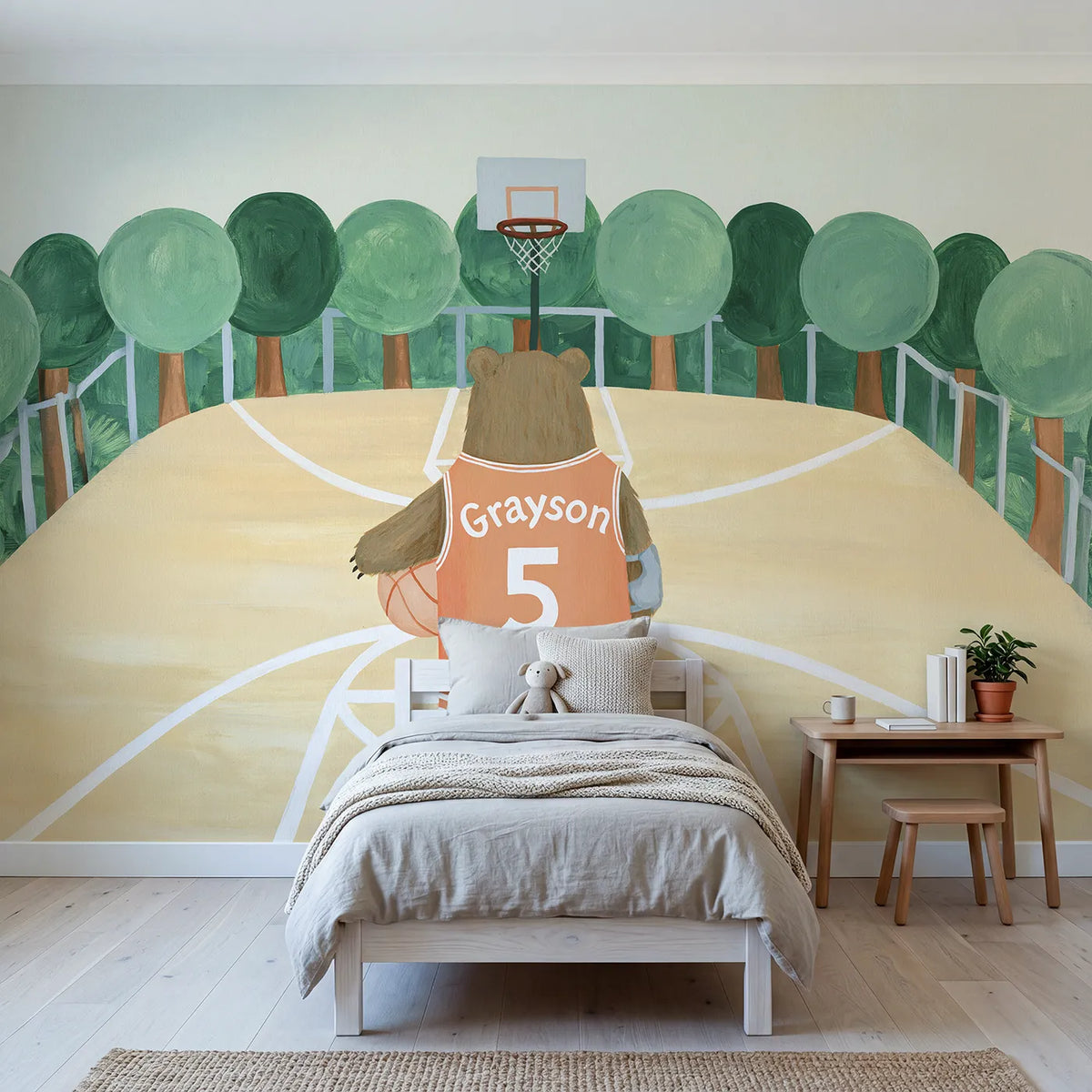 Modern illustration bear basketball personalized wall mural with flat jersey lettering by Whimsy Tots
