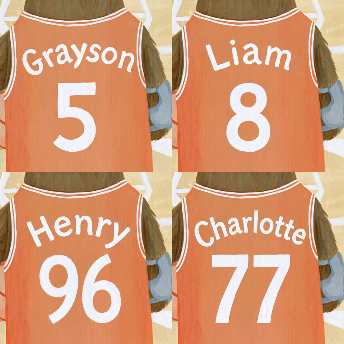 Four name preview examples of Basketball Bear Jersey Personalized Wall Mural by Whimsy Tots