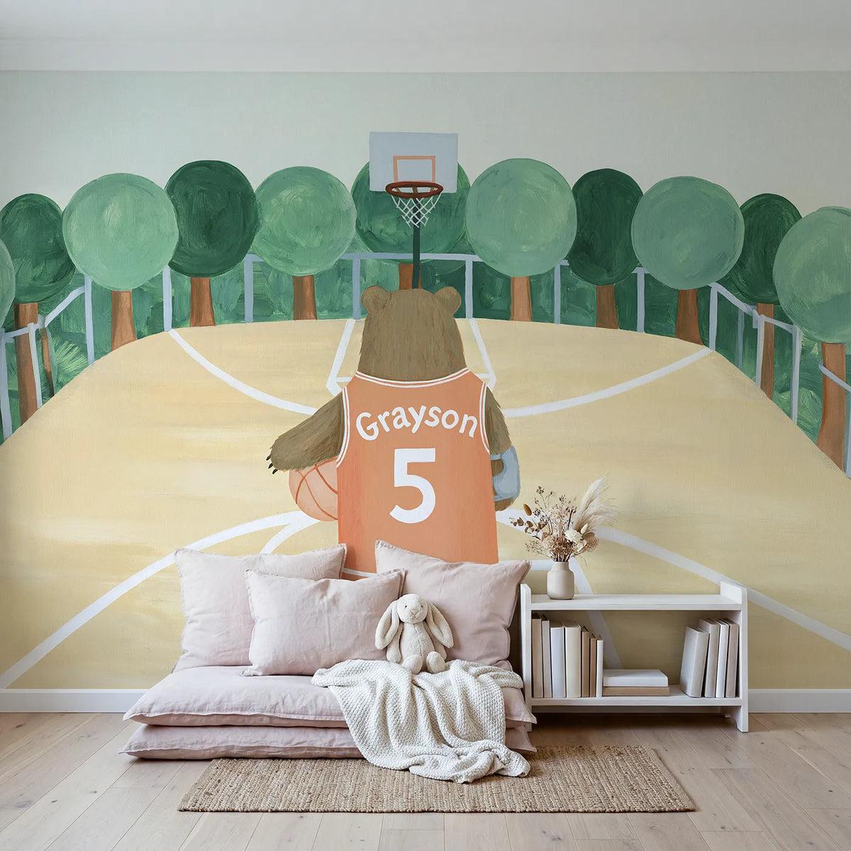 Basketball Bear Jersey Personalized Wall Mural in playroom setting by Whimsy Tots