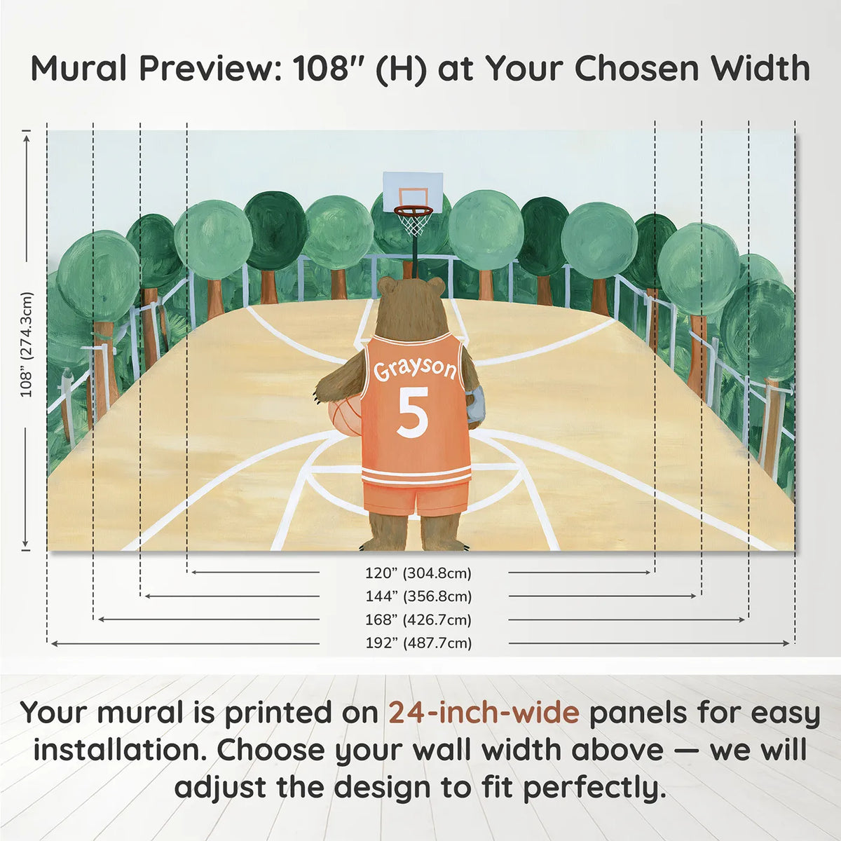 Panel layout and dimensions for Basketball Bear Jersey Personalized Wall Mural by Whimsy Tots