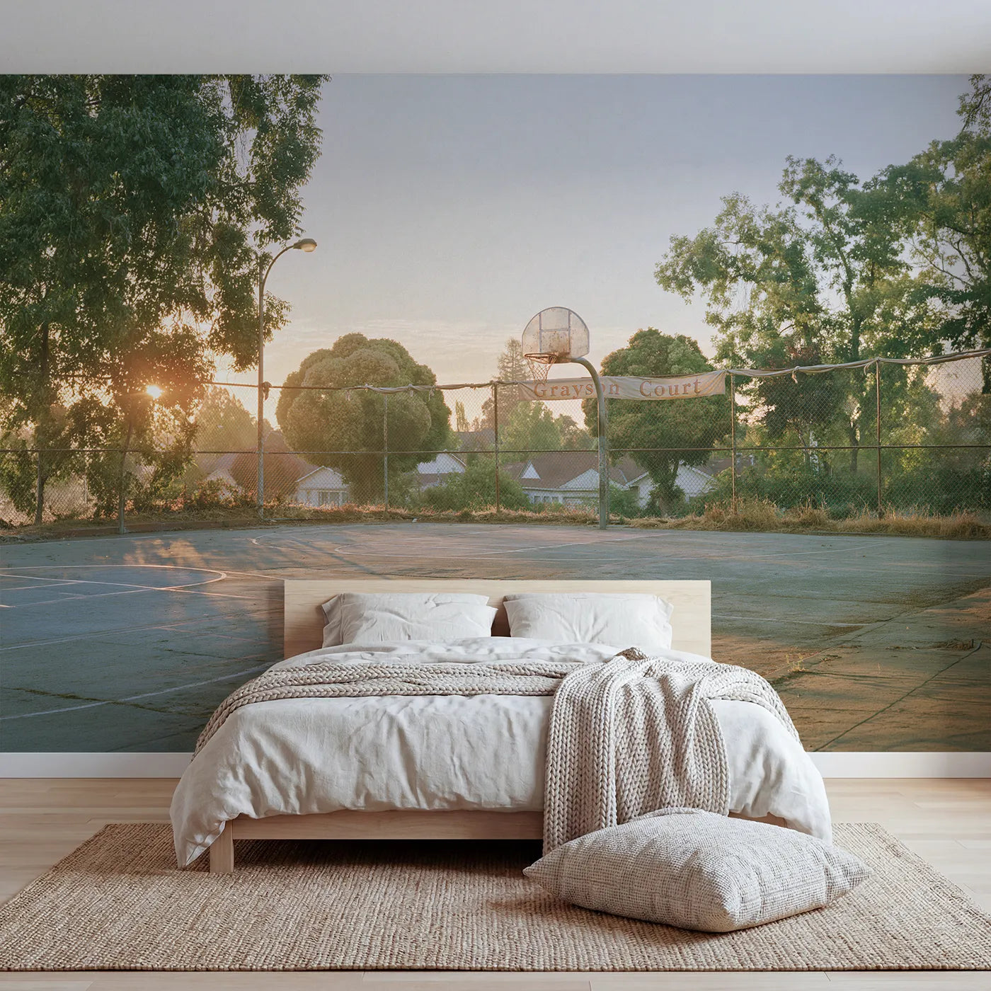 Watercolor empty dusk court personalized wall mural with brushed fence banner by Whimsy Tots