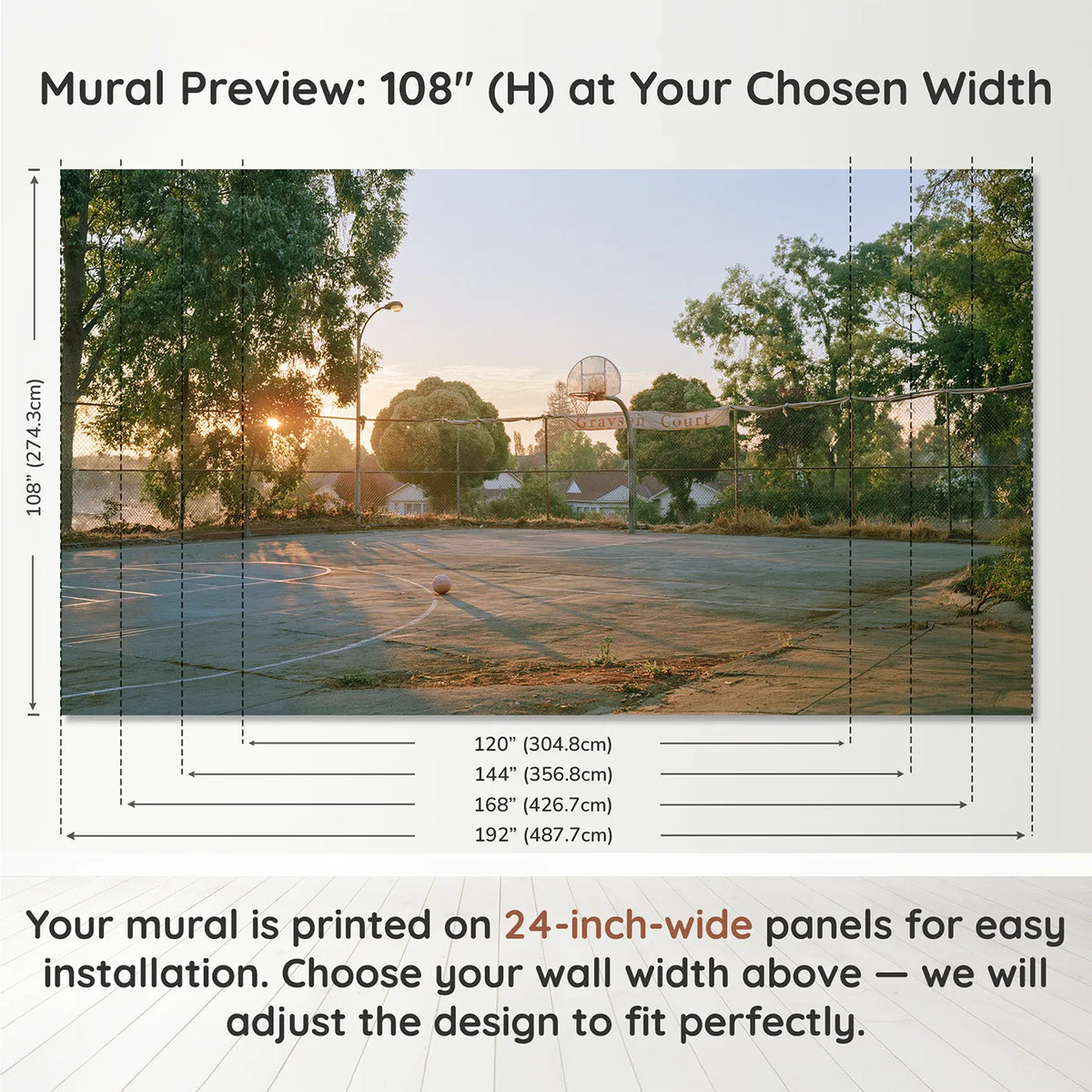 Panel layout and dimensions for Evening Court Hoop Personalized Wall Mural by Whimsy Tots