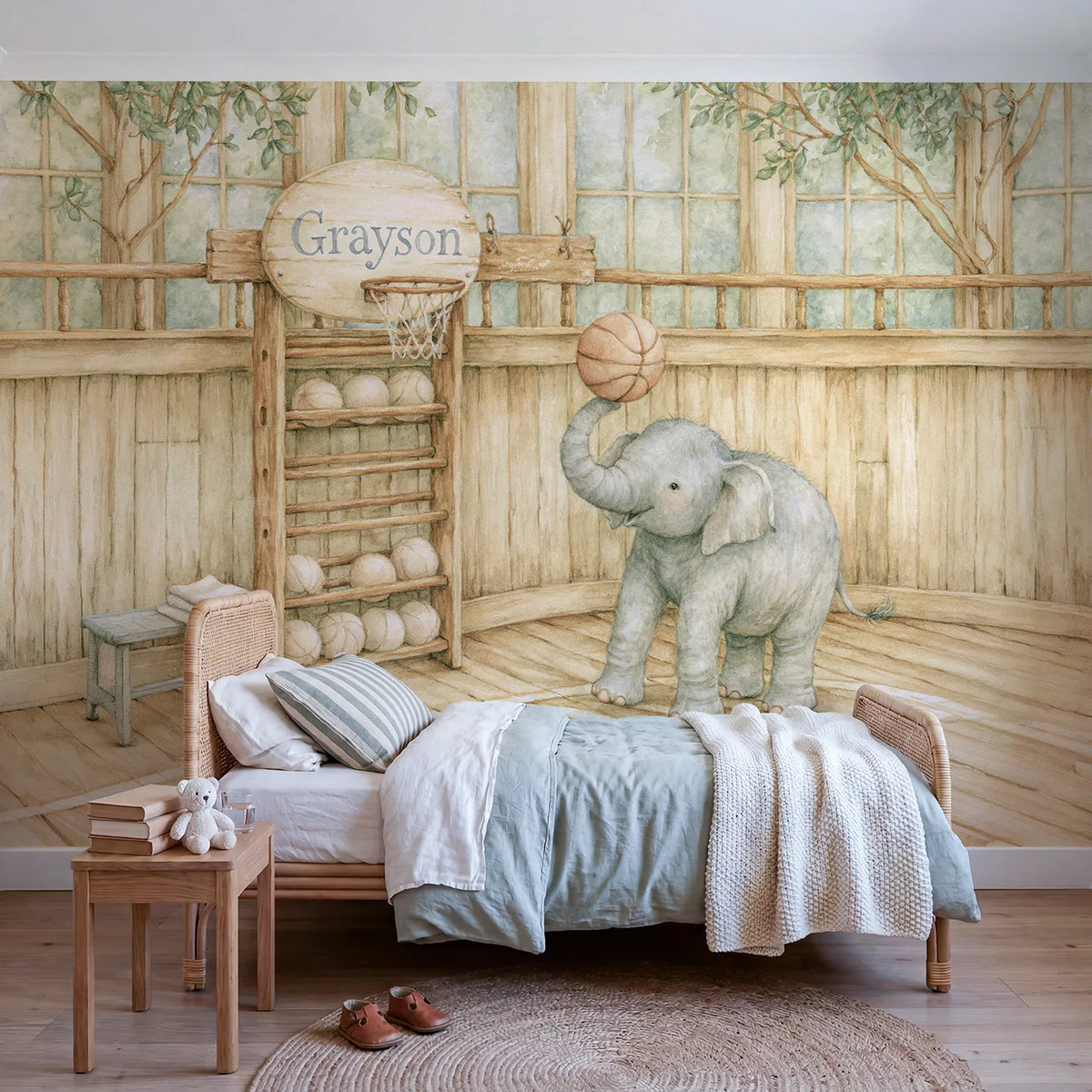 Storybook elephant practice personalized wall mural with painted rack tag by Whimsy Tots