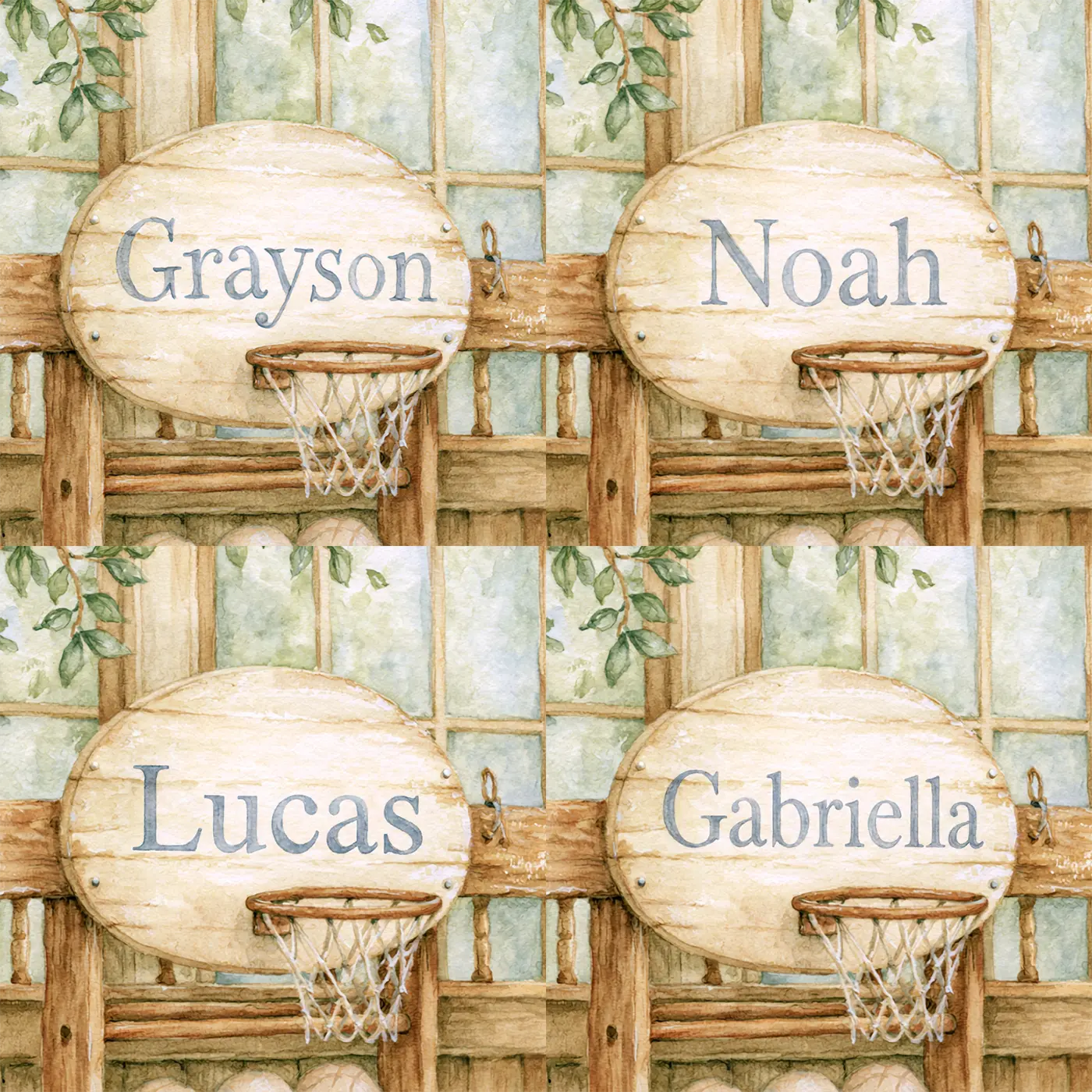 Four name preview examples of Basketball Elephant Practice Personalized Wall Mural by Whimsy Tots