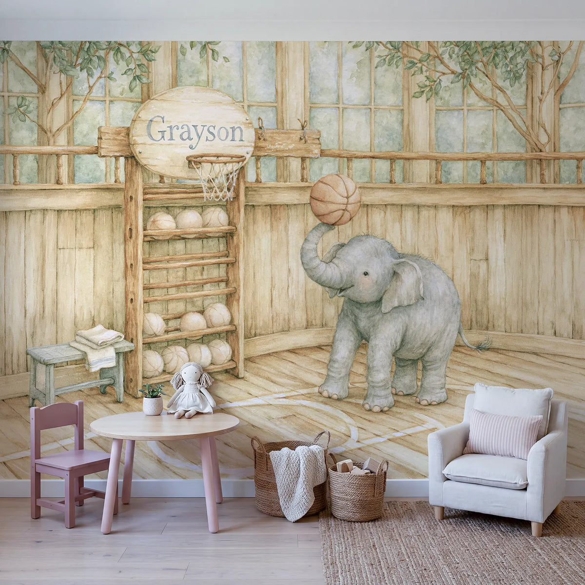 Basketball Elephant Practice Personalized Wall Mural in playroom setting by Whimsy Tots