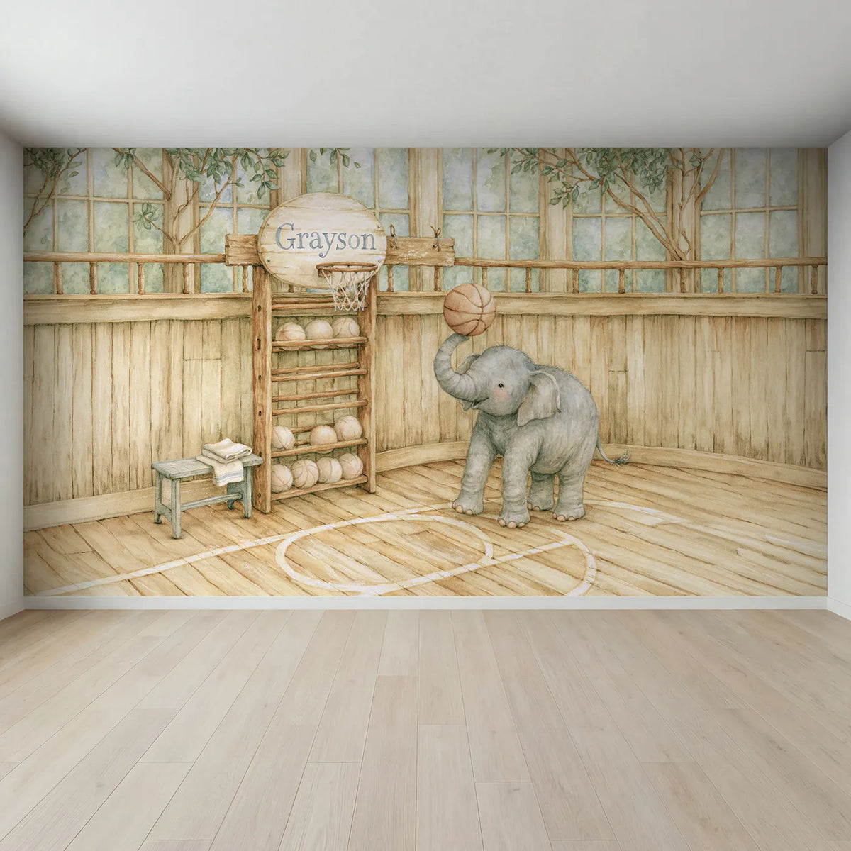 Full view of Basketball Elephant Practice Personalized Wall Mural by Whimsy Tots
