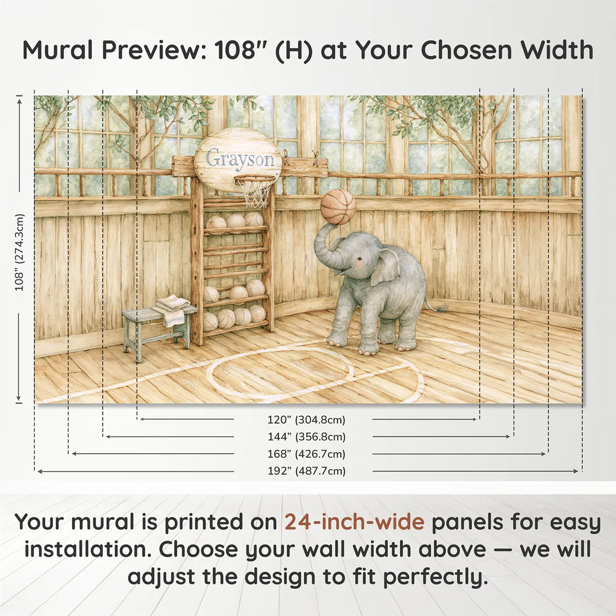 Panel layout and dimensions for Basketball Elephant Practice Personalized Wall Mural by Whimsy Tots