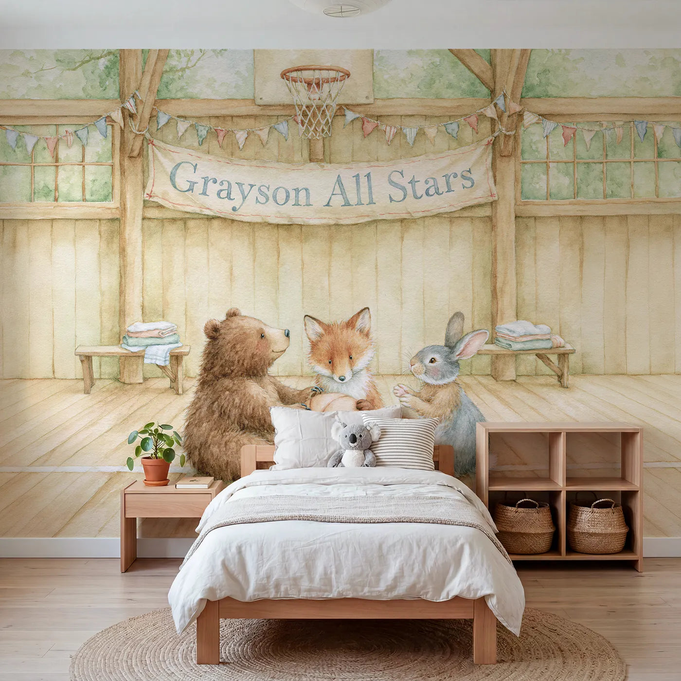 Storybook animal basketball team personalized wall mural with painted hall banner by Whimsy Tots