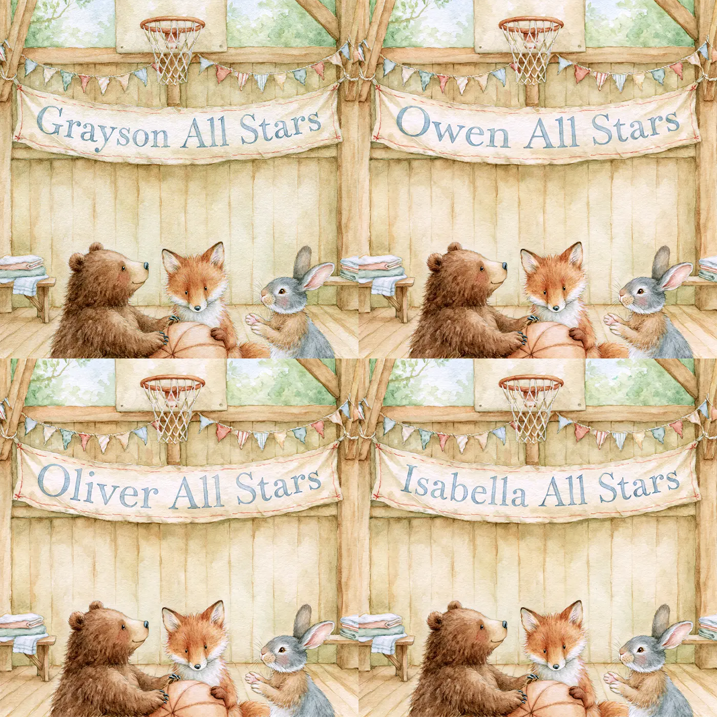 Four name preview examples of Basketball All Stars Banner Personalized Wall Mural by Whimsy Tots