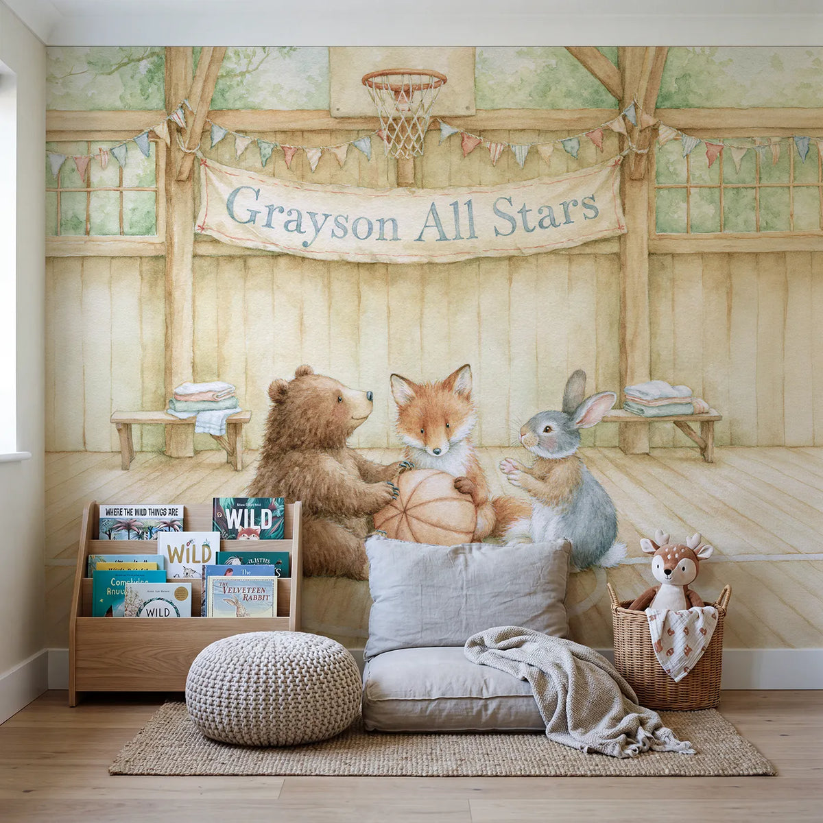 Basketball All Stars Banner Personalized Wall Mural in playroom setting by Whimsy Tots