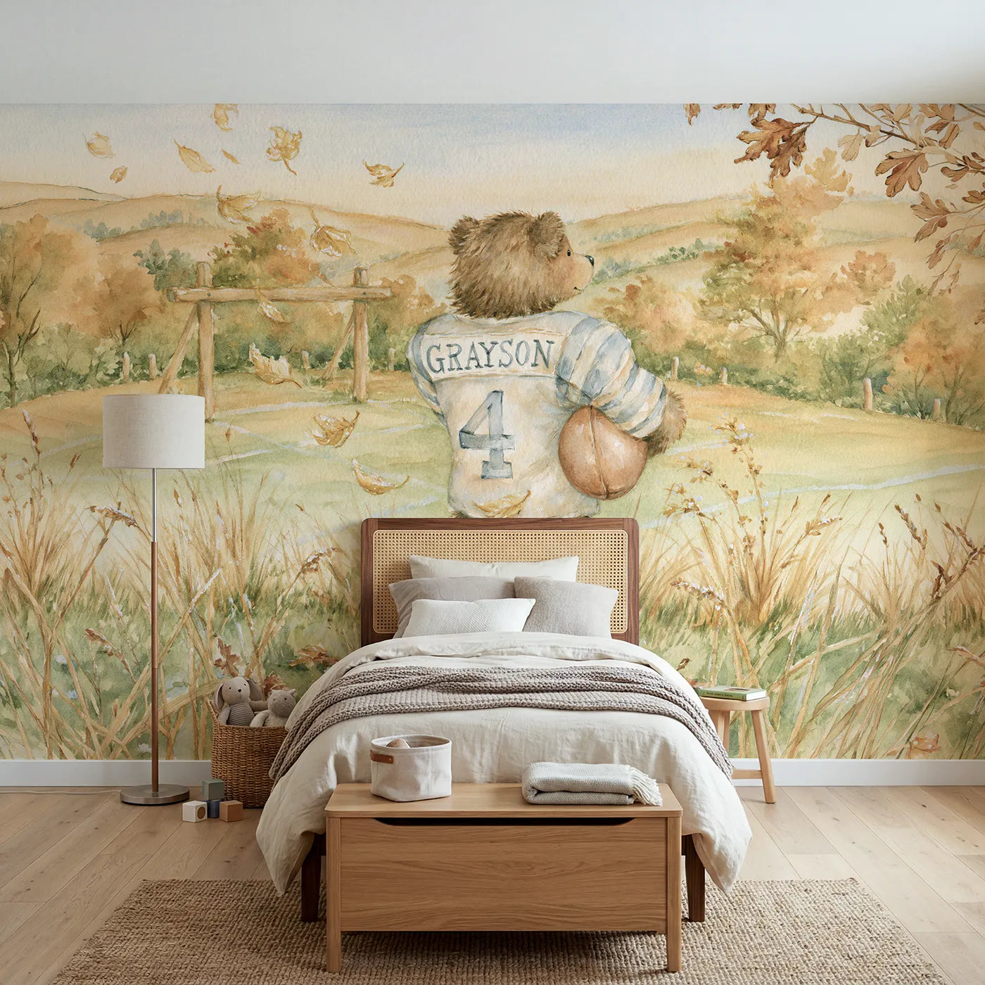 Storybook bear football personalized wall mural with vintage jersey lettering by Whimsy Tots