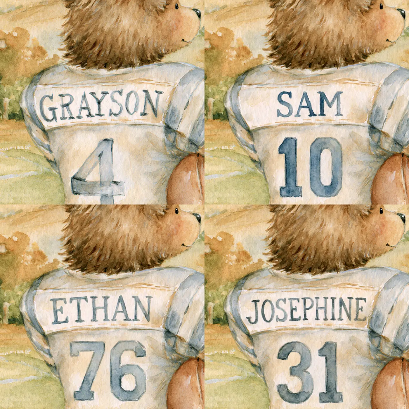 Four name preview examples of Football Bear Jersey Personalized Wall Mural by Whimsy Tots