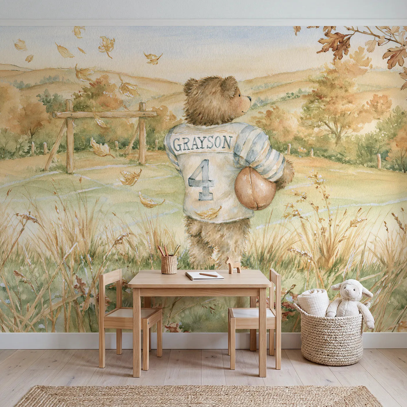 Football Bear Jersey Personalized Wall Mural in playroom setting by Whimsy Tots