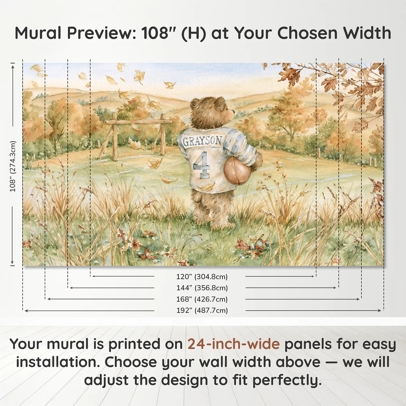 Panel layout and dimensions for Football Bear Jersey Personalized Wall Mural by Whimsy Tots