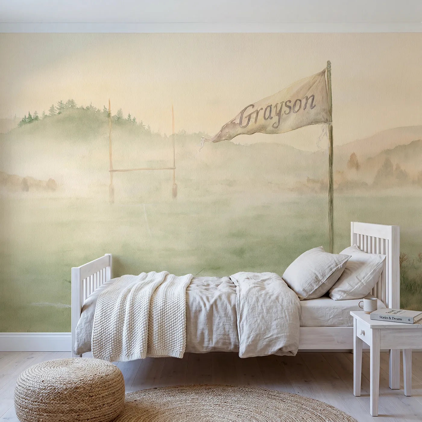 Watercolor misty football field personalized wall mural with brushed vintage pennant by Whimsy Tots