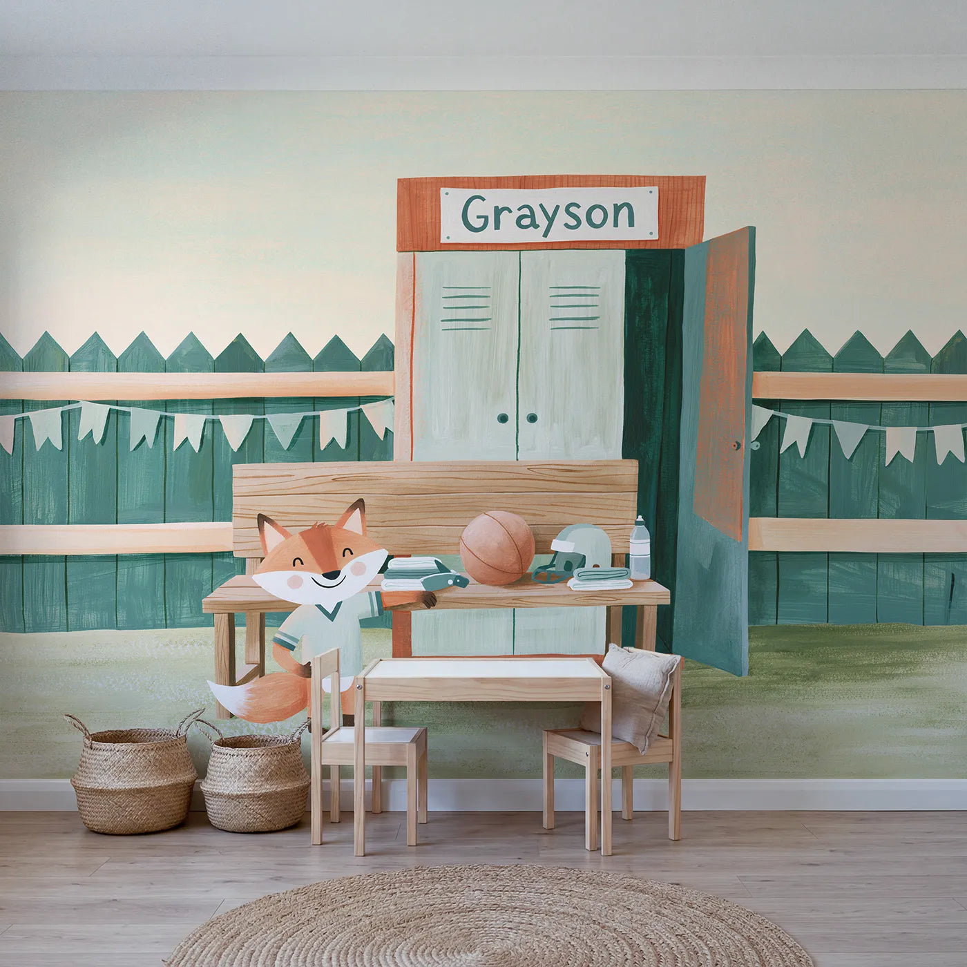 Modern illustration fox sideline personalized wall mural with painted locker plate by Whimsy Tots