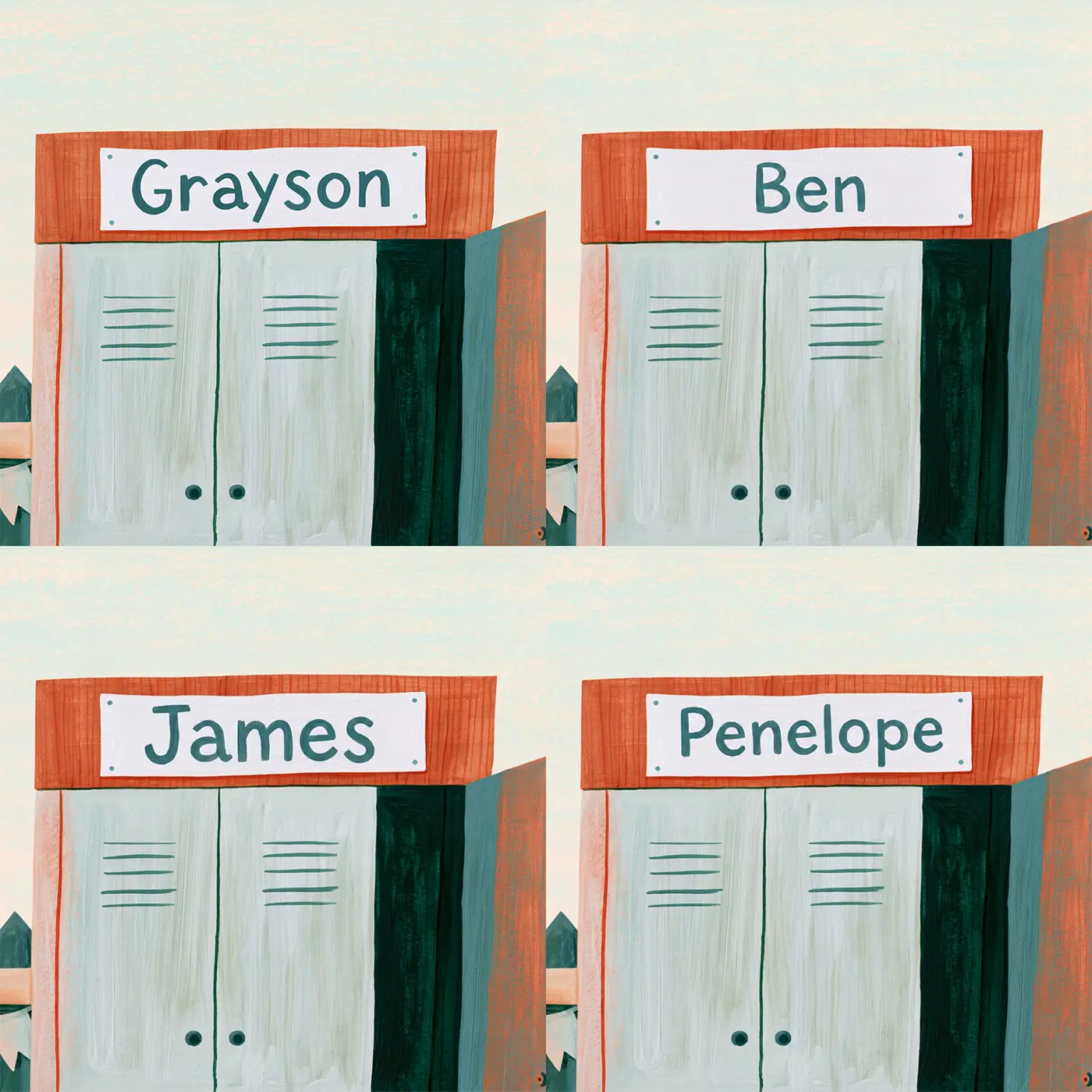 Four name preview examples of Football Fox Kit Bench Personalized Wall Mural by Whimsy Tots