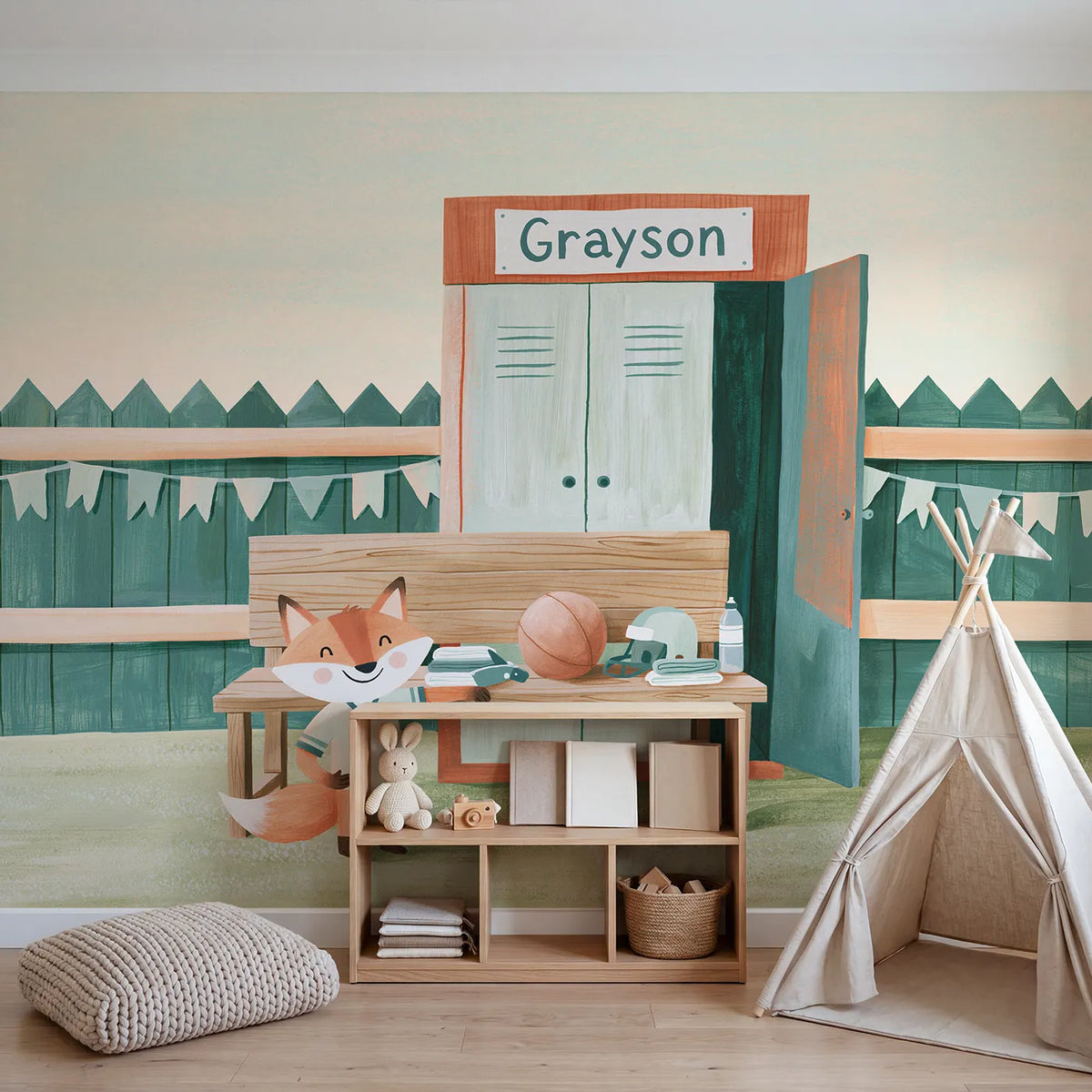 Football Fox Kit Bench Personalized Wall Mural in playroom setting by Whimsy Tots
