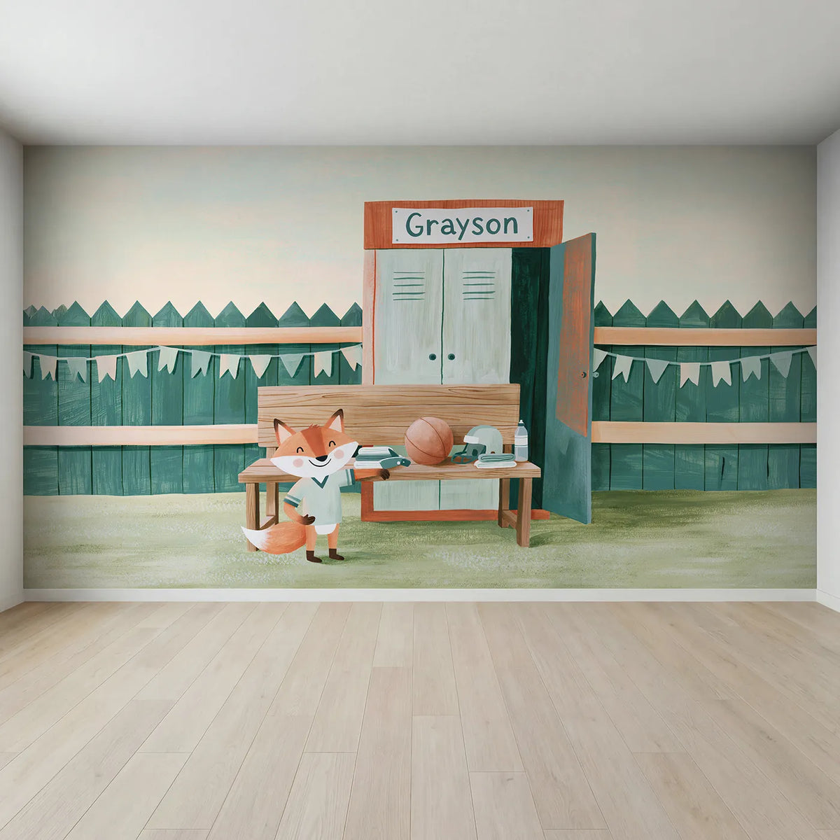 Full view of Football Fox Kit Bench Personalized Wall Mural by Whimsy Tots