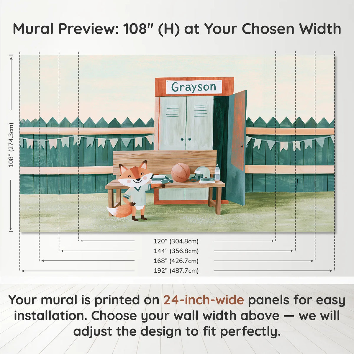 Panel layout and dimensions for Football Fox Kit Bench Personalized Wall Mural by Whimsy Tots