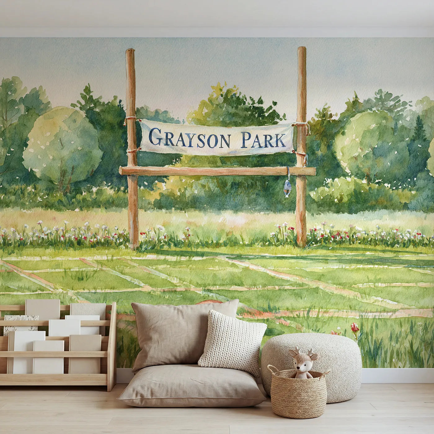 Watercolor sunny football field personalized wall mural with lettered crossbar banner by Whimsy Tots