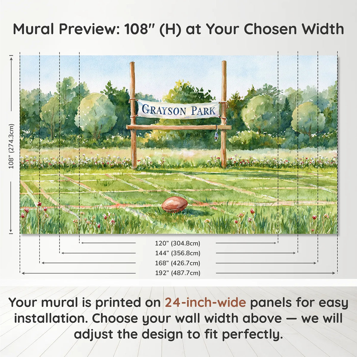Panel layout and dimensions for Football Goalpost Banner Personalized Wall Mural by Whimsy Tots