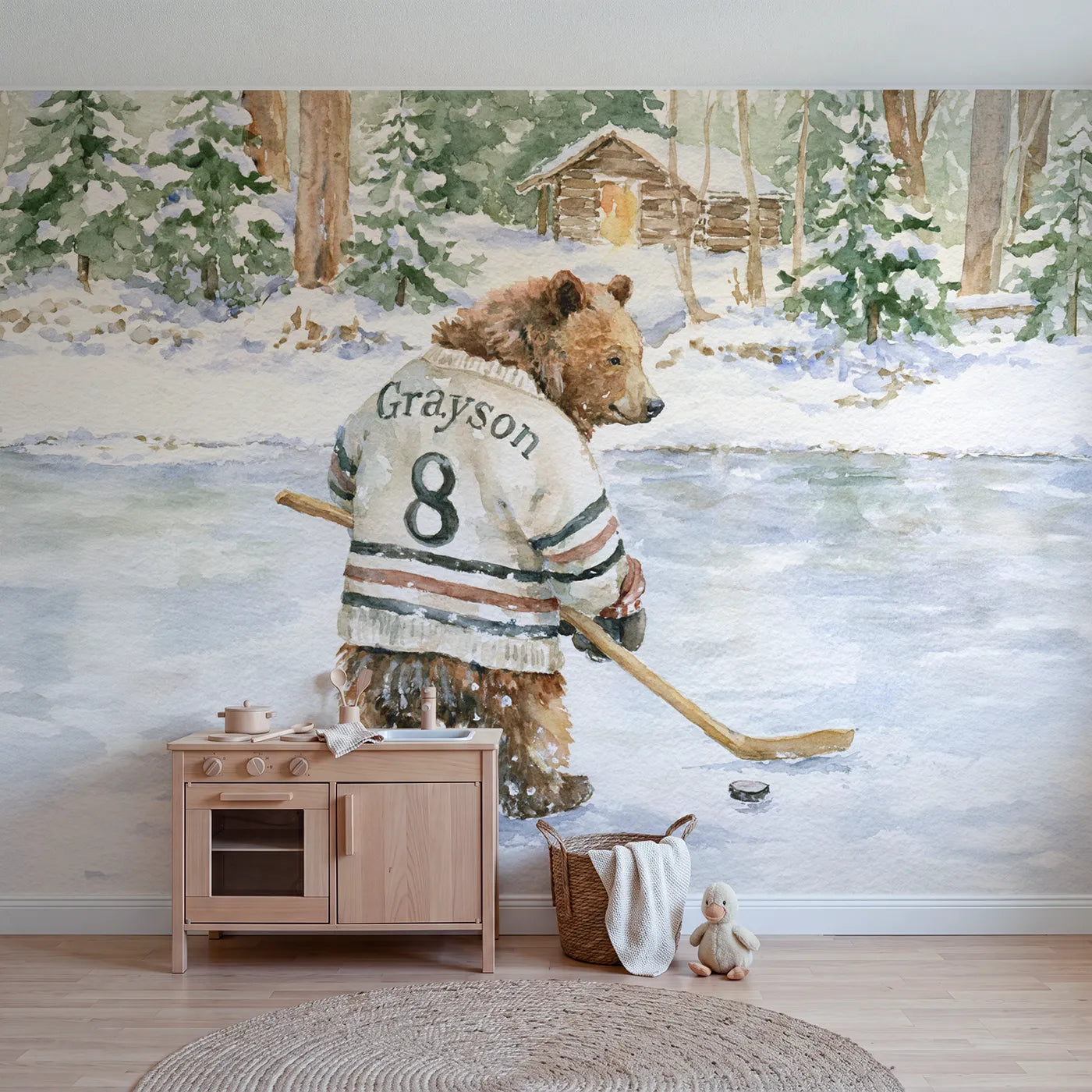 Watercolor bear hockey sweater personalized wall mural with brushed knit lettering by Whimsy Tots