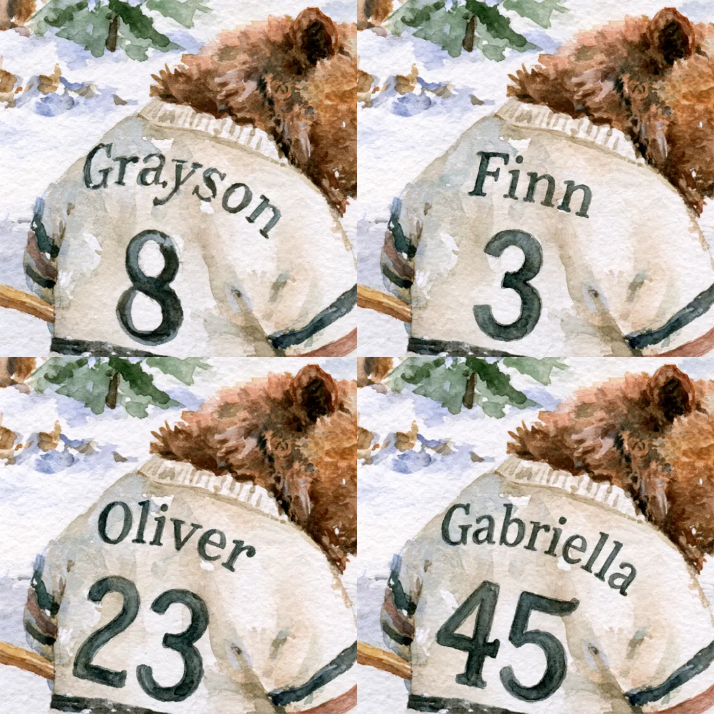 Four name preview examples of Hockey Bear Jersey Personalized Wall Mural by Whimsy Tots