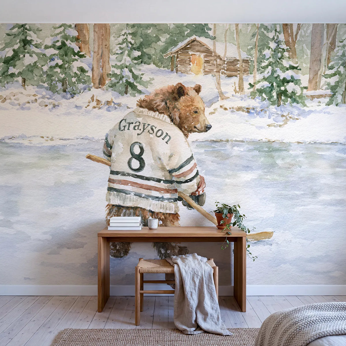 Hockey Bear Jersey Personalized Wall Mural in playroom setting by Whimsy Tots