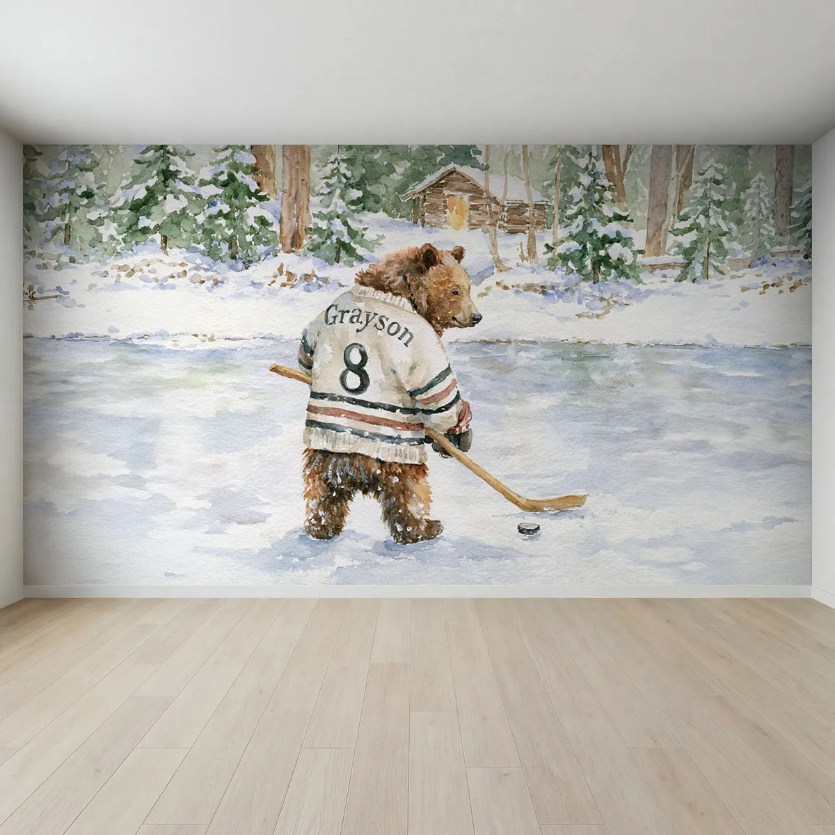 Full view of Hockey Bear Jersey Personalized Wall Mural by Whimsy Tots